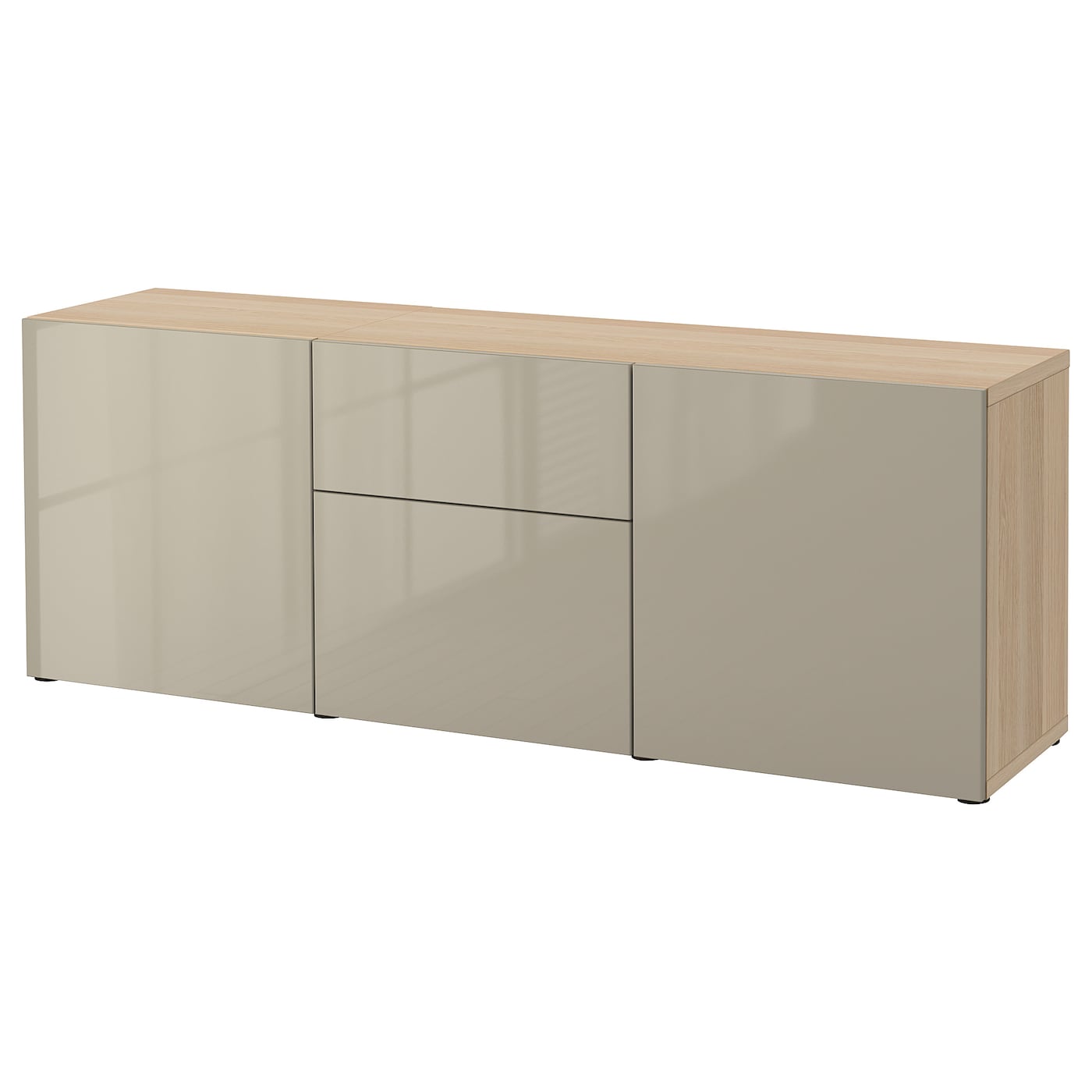 IKEA BESTÅ Kombinacja z szufladami, Dąb bejcowany na biało/Selsviken wysoki połysk beż, 180x42x65 cm