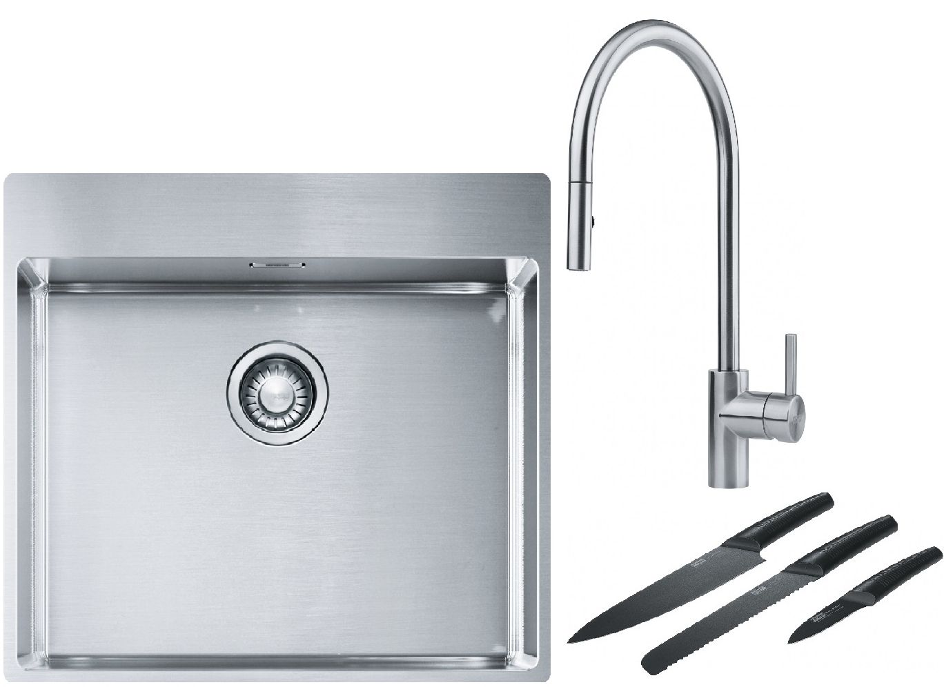 Franke Box BXX 210-54 TL zlewozmywak 57x51 cm stalowy z baterią kuchenną Eos stal szlachetna i zestawem noży kuchennych (1270369295, ... - Wysyłka w 