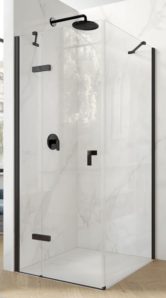 Hüppe Aura pure 4-kąt drzwi prysznicowe 90 cm lewe czarny mat/szkło przezroczyste Anti-Plaque AP0003.123.322