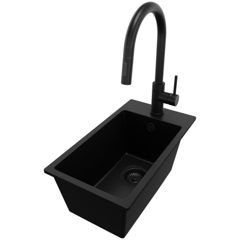 Zlewozmywak Granitowy Ryga PRIMAGRAN Nablatowy 28x50cm do szafki od 30cm z Syfonem i Baterią Cały Czarny 1 szt.