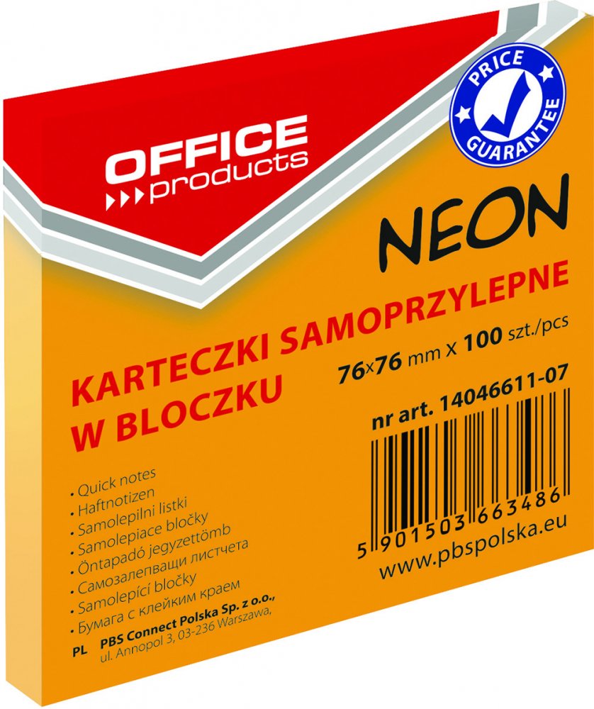 Karteczki samoprzylepne Office Products, 76x76mm, 100 karteczek, neonowy pomarańczowy