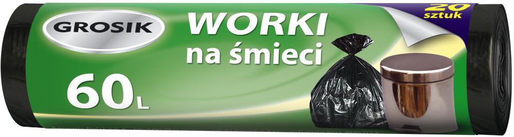 Worki na śmieci Grosik, na odpady zmieszane, 60l, 20 sztuk, czarny