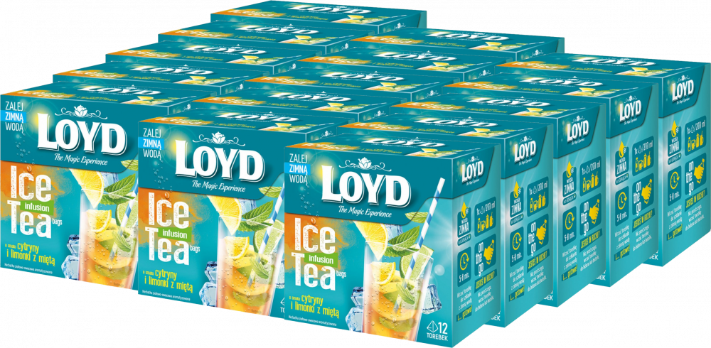 15x Herbata owocowo-ziołowa w piramidkach Loyd Ice Tea, cytryna/limonka/mięta, 12 sztuk x 2.5g