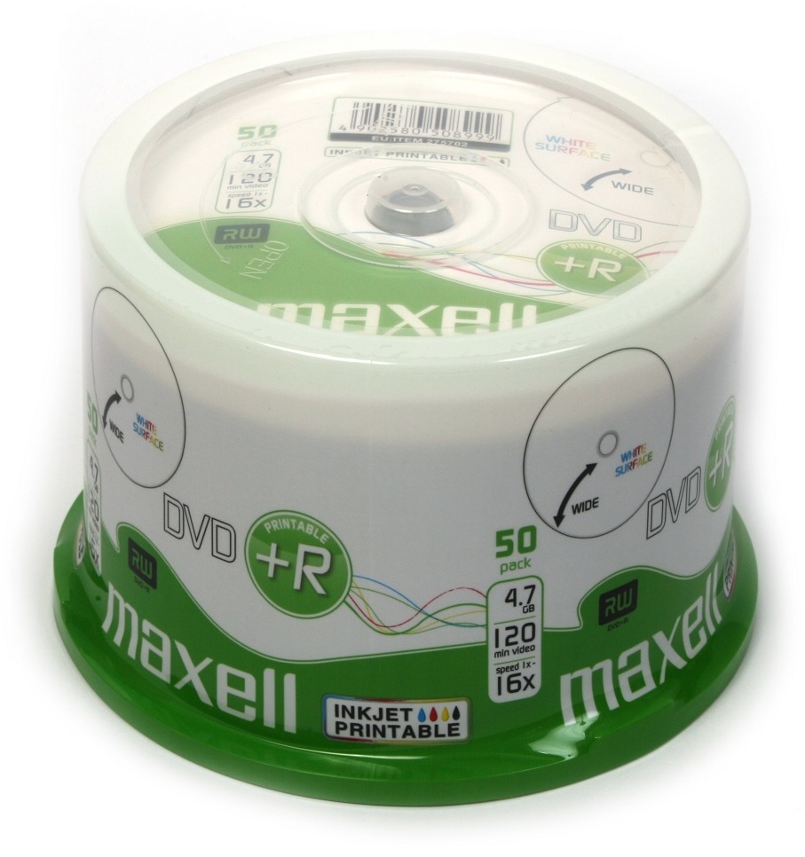 Outlet: USZKODZONE OPAKOWANIE Płyta DVD+R Maxell, do nadruku, do jednokrotnego zapisu, 4.7 GB, cake box, 50 sztuk