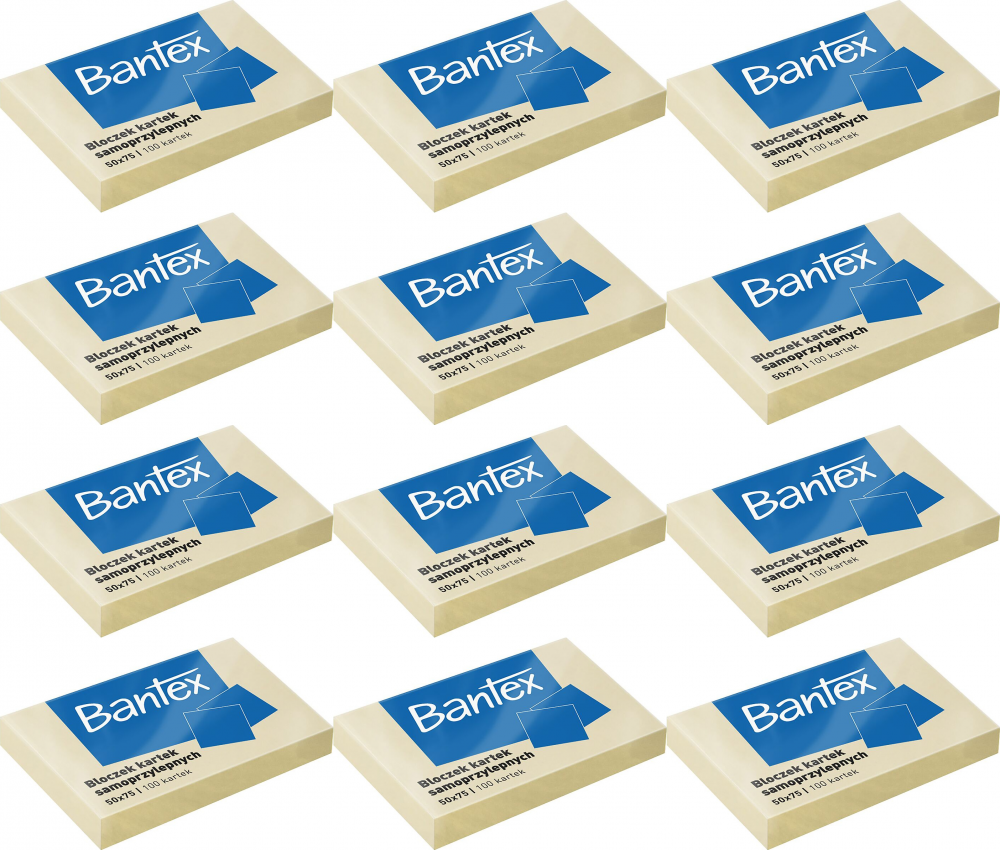 12x Karteczki samoprzylepne Bantex, 50x75mm, 100 karteczek, żółty