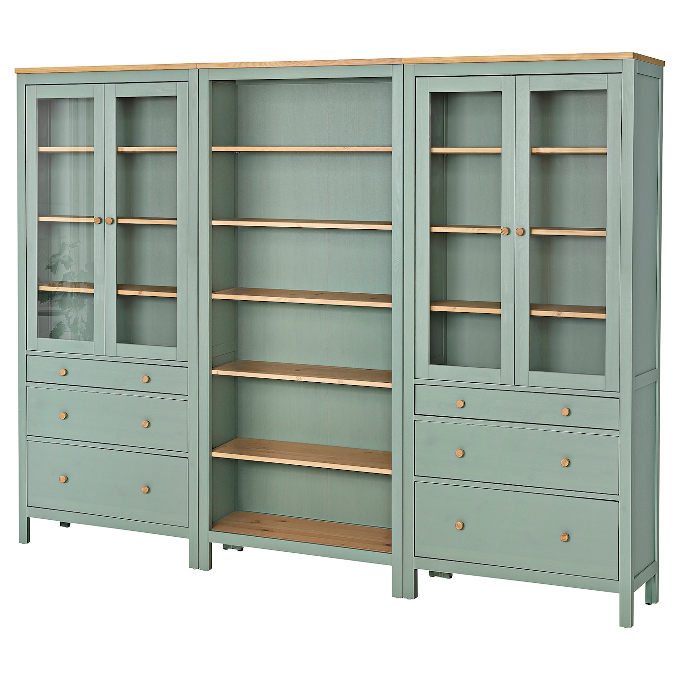 IKEA HEMNES kombinacja regałowa z drzw/szuf, szarozielony/bejca jasnobrązowa, 270x197 cm