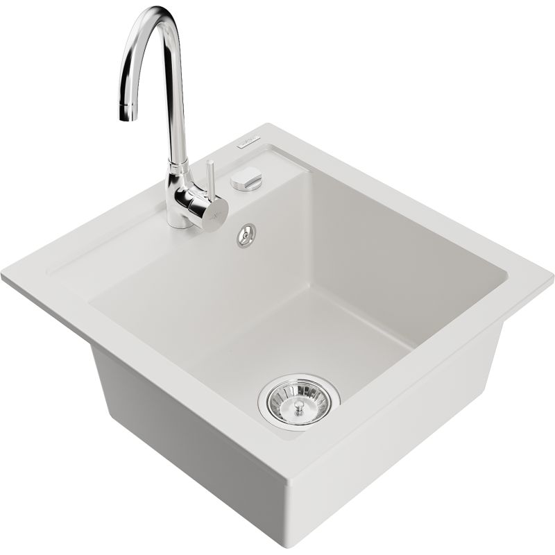 Zlewozmywak granitowy 1-komorowy Mexen Vito z baterią kuchenną Telma biały 6503-20-670200-00 1 szt.