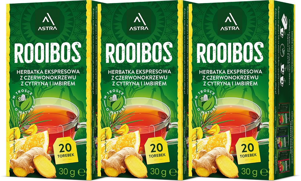 3x Herbata Rooibos w torebkach Astra, cytryna i imbir, 20 sztuk x 1.5g