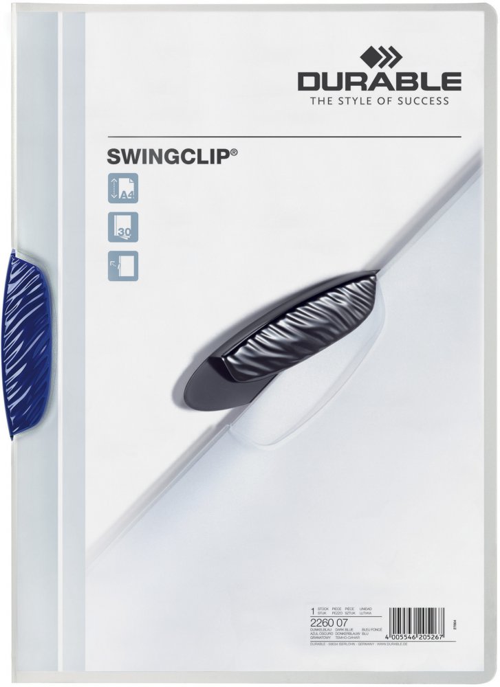 Skoroszyt plastikowy Durable Swingclip z klipsem, A4, do 30 kartek, granatowy
