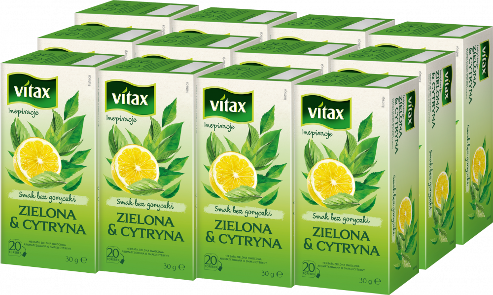 12x Herbata zielona smakowa w torebkach Vitax Inspirations, cytryna, 20 sztuk x 1.5g