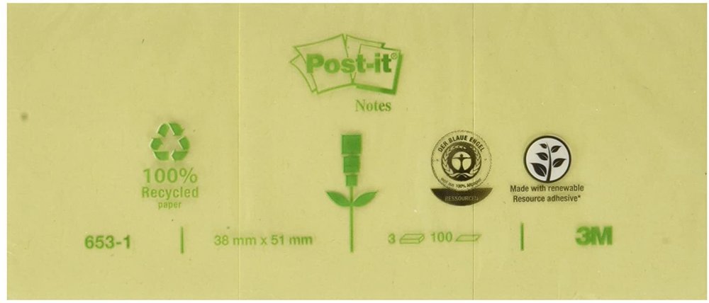 Notes samoprzylepny Post-it Recycled 653-1, 38x51mm, 3x100 karteczek, żółty