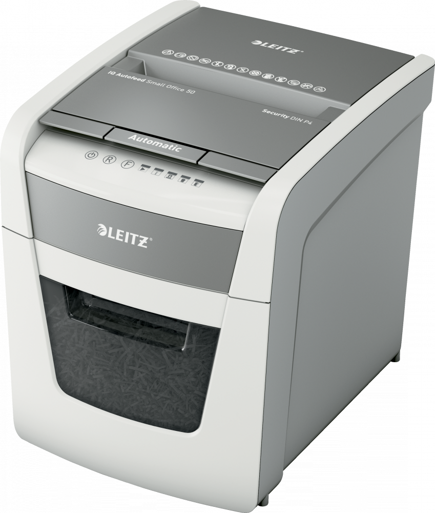 Niszczarka automatyczna Leitz IQ Small Office 50X, konfetti 4x28mm, 50 kartek, P-4 DIN, biało-szary