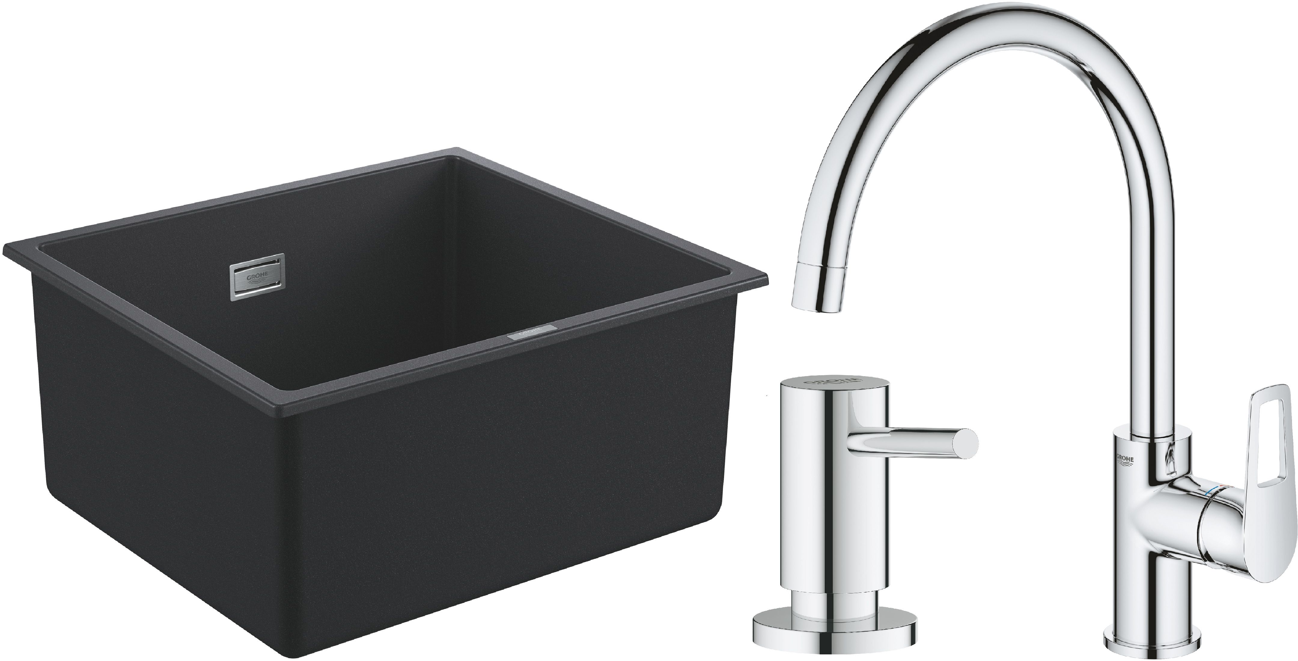 Zestaw Grohe K700 zlewozmywak granitowy 45,7x40,6 cm z baterią kuchenną Bauloop i dozownikiem Cosmopolitan (1653AP0, 31368001, 40535000) - Wysyłka w 
