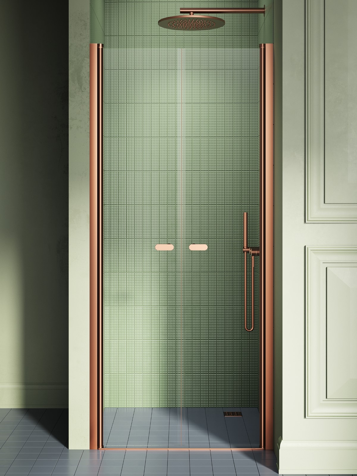 New Trendy New Soleo Copper Brushed drzwi prysznicowe 110 cm uchylne miedź szczotkowana/szkło przezroczyste D-0497A