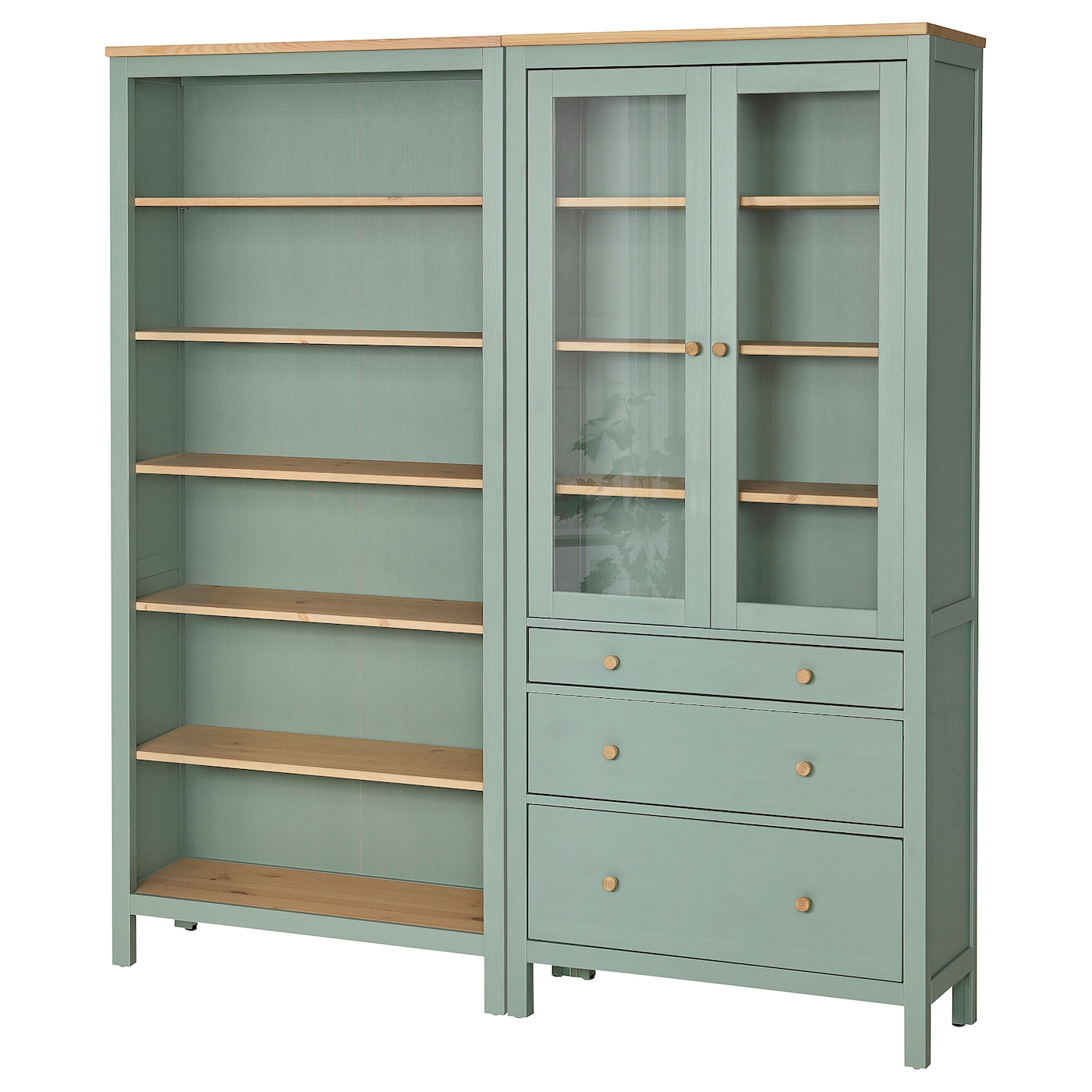IKEA HEMNES kombinacja regałowa z drzw/szuf, szarozielony/bejca jasnobrązowa, 180x197 cm
