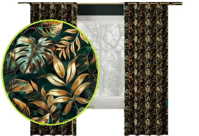 Zasłona velvetowa złote liście Selva 280x140 przelotki
