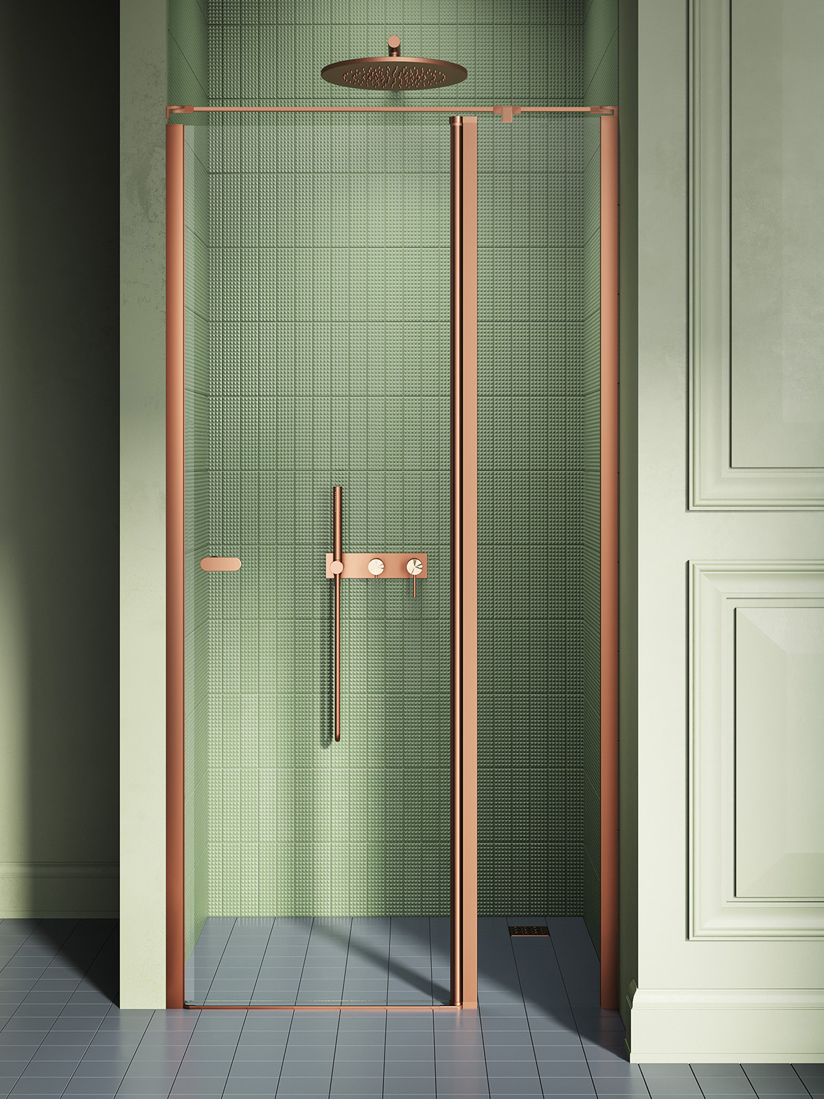 Darmowa Dostawa - Drzwi prysznicowe 100 cm uchylne miedź szczotkowany/szkło przezroczyste New Trendy New Soleo Copper Brushed D0522AWK