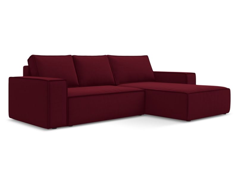 Narożnik prawostronny z funkcją spania Makamii Kimo z weluru 290x185 cm burgundowy 1 szt.