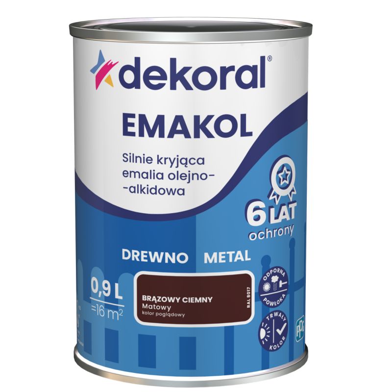 Emalia olejno-alkidowa Dekoral Emakol do drewna i metalu brązowy ciemny mat 0,9 l