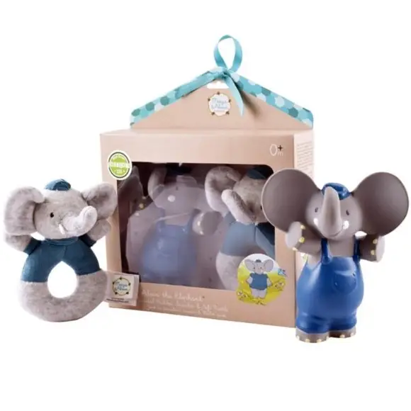 Zestaw prezentowy Baby Shower Set z miękką grzechotką i gryzakiem dźwiękowym z kauczuku Hevea Alvin Elephant BBTB