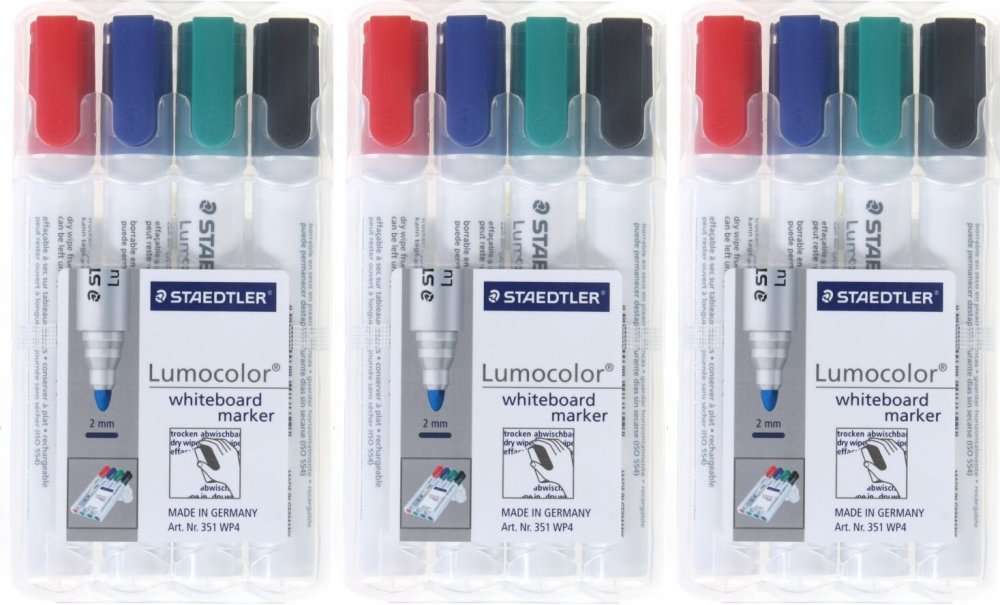 3x Marker suchościeralny 351 Staedtler, Lumocolor, okrągła, w etui, 2mm, 4 sztuki, mix kolorów