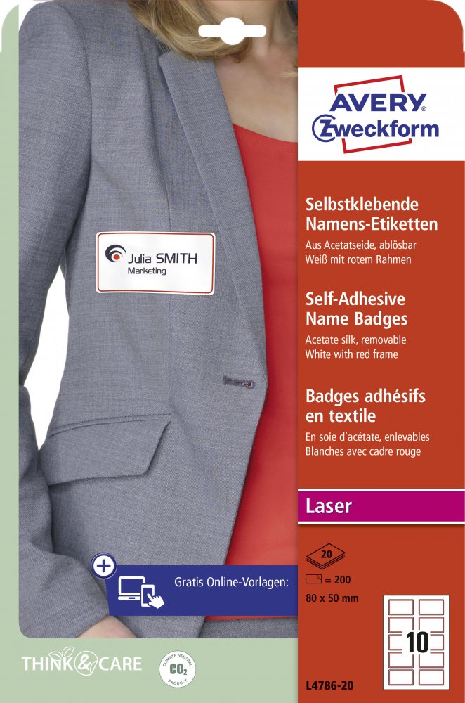 Identyfikator Avery Zweckform, samoprzylepny, 80x50mm, 20 arkuszy, biały z czerwonym obramowaniem