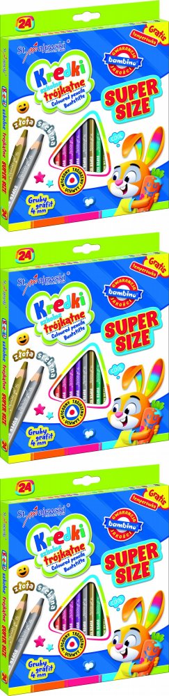 3x Kredki Bambino Super Size Zwierzaki Uczniaki, trójkątne, 24 sztuki + temperówka, mix kolorów