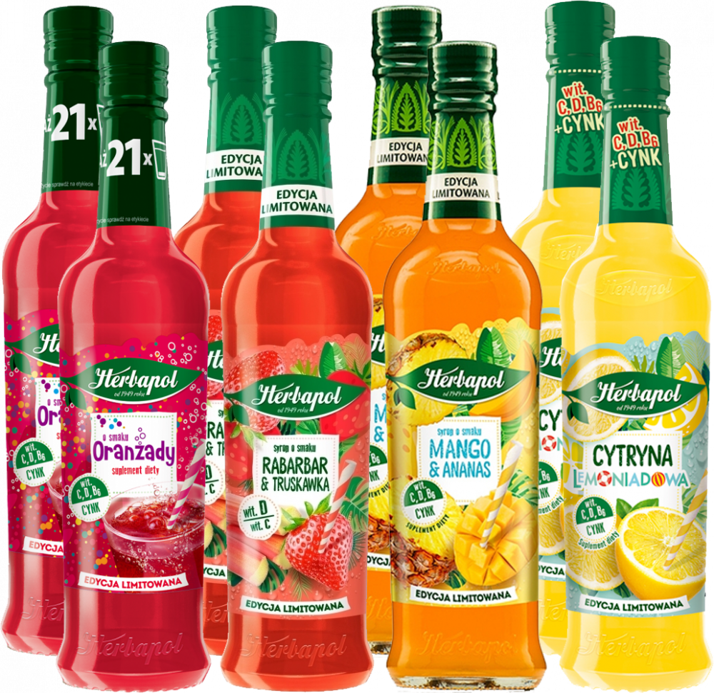 Zestaw: 8x Syrop Herbapol Sezonowe Smaki, 420ml (2x cytryna lemoniadowa, 2x mango i ananas, 2x oranżada, 2x rabarbar i truskawka)