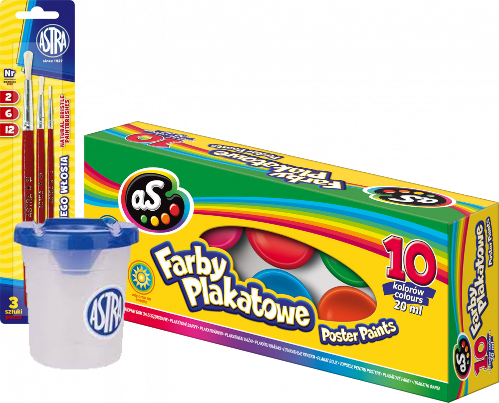 Zestaw: Farby plakatowe Astra AS, 20ml, 10 sztuk, mix kolorów + Zestaw pędzli Astra, z naturalnego włosia + Kubek do wody Astrino, z blokadą wylania