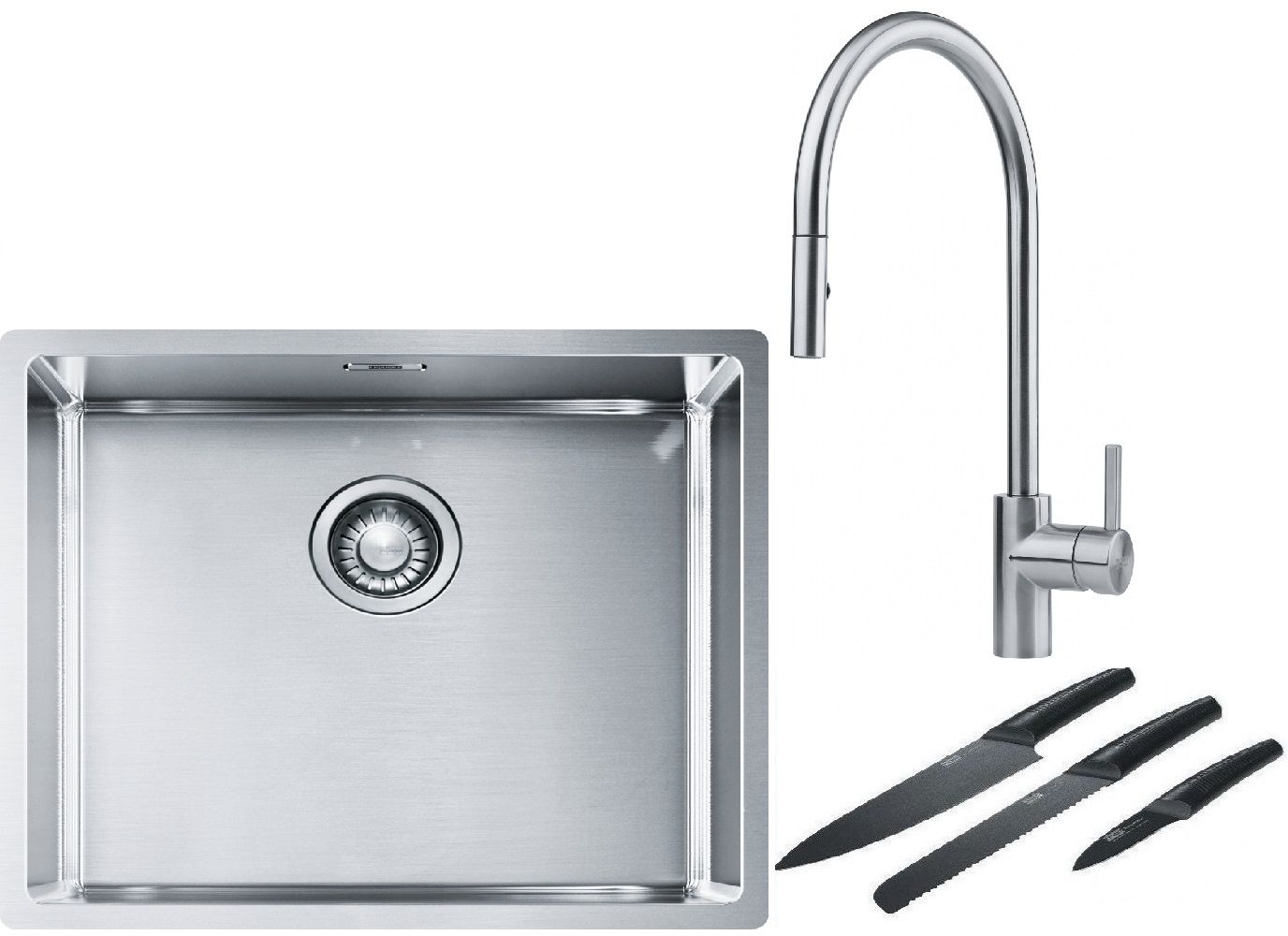 Franke Box BXX 110-50/BXX 210-50 zlewozmywak 54x45 cm stalowy z baterią kuchenną Eos stal szlachetna i zestawem noży kuchennych ... - Wysyłka w 24h