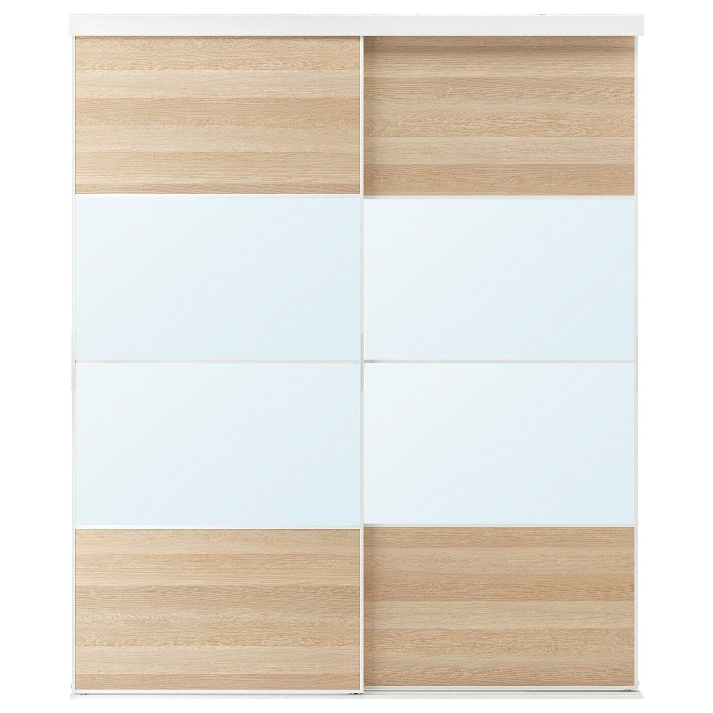 IKEA SKYTTA / MEHAMN/AULI kombinacja drzwi przesuwnych, biały/imitacja dębu bejcowanego na biało lustro, 202x240 cm