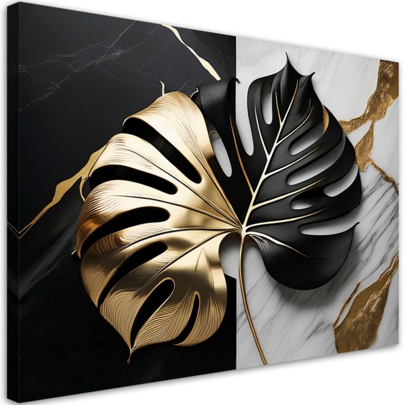 Obraz do salonu Feeby Liść Monstery Złoty Czarny Marmur 100x70 cm 1szt