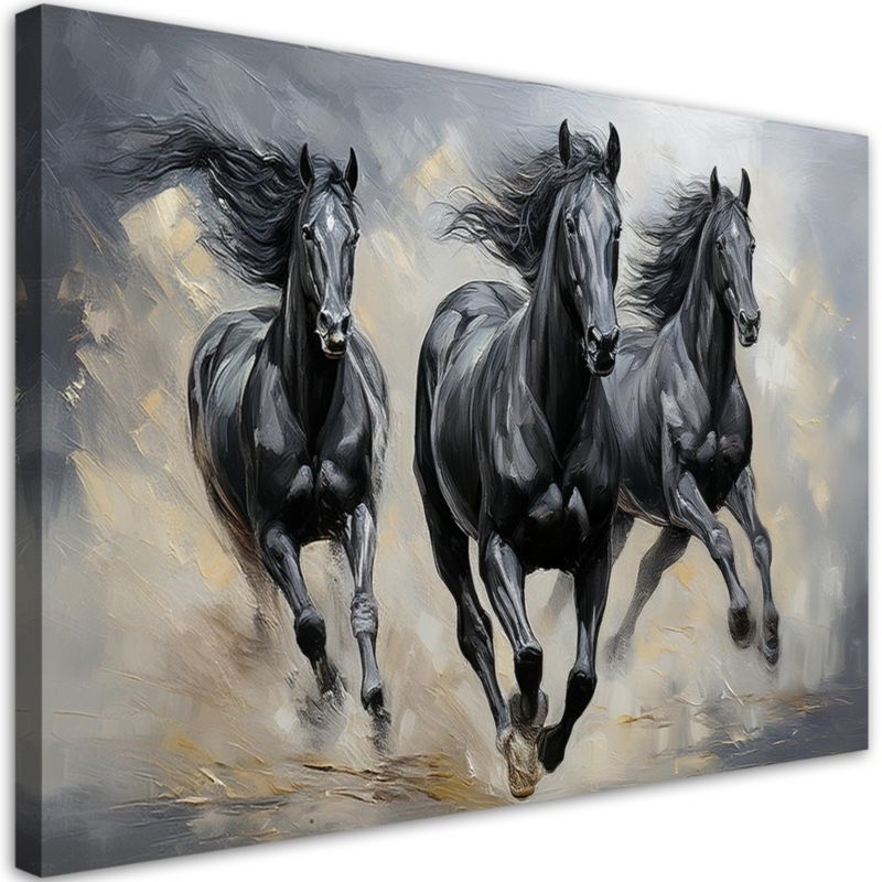 Obraz do salonu sypialni Feeby Galopujące Czarne Konie 100x70 cm 1szt