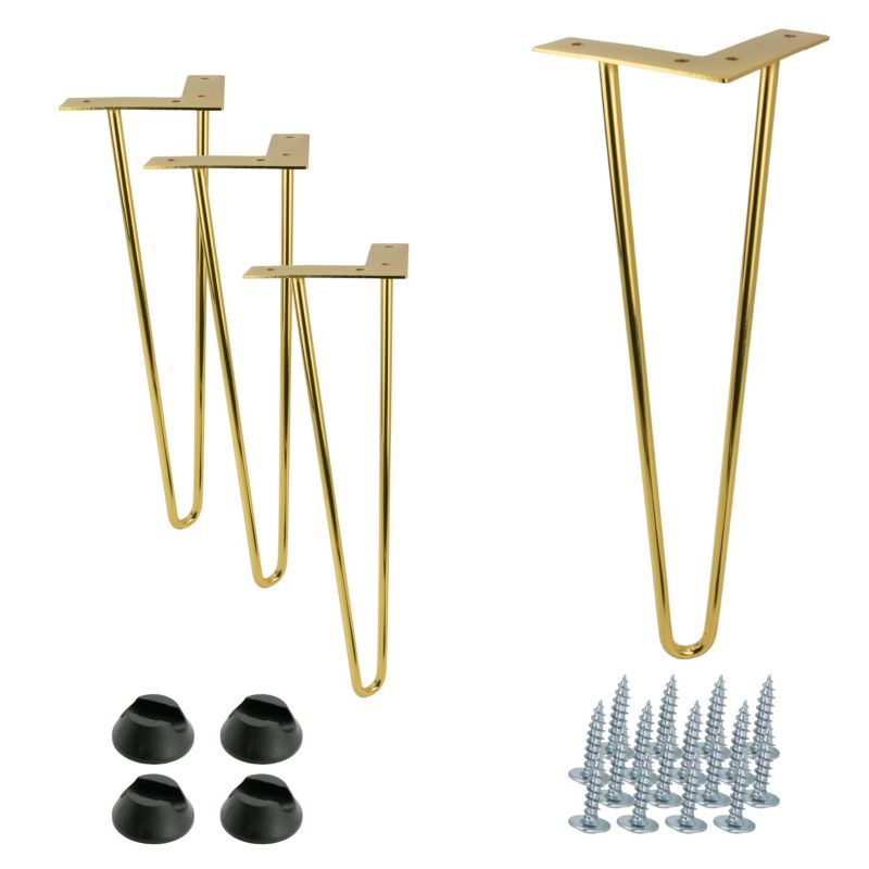 Zestaw nóżek meblowych B&B Hairpin legs złoty połysk wysokość 41cm 2 pręty ze stopkami plastikowymi 4 szt