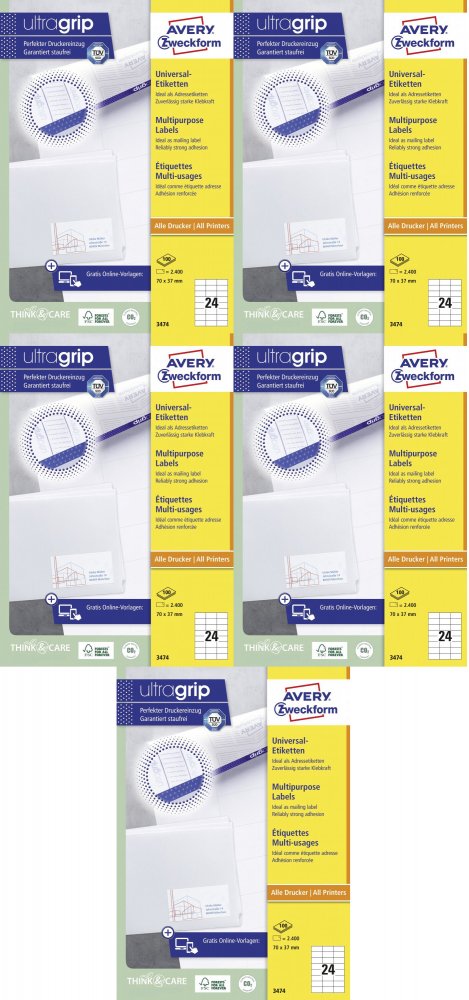 5x Etykiety samoprzylepne Avery Zweckform, 70x37mm, 100 arkuszy