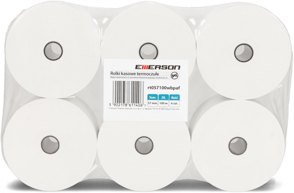 Rolka termiczna Emerson, 57mm x 100m, 50+/- 6g/m2, BPA Free, 6 sztuk, biały