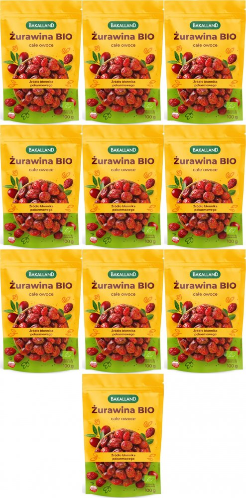 10x Żurawina suszona z zagęszczonym sokiem jabłkowym Bakalland BIO, 100g