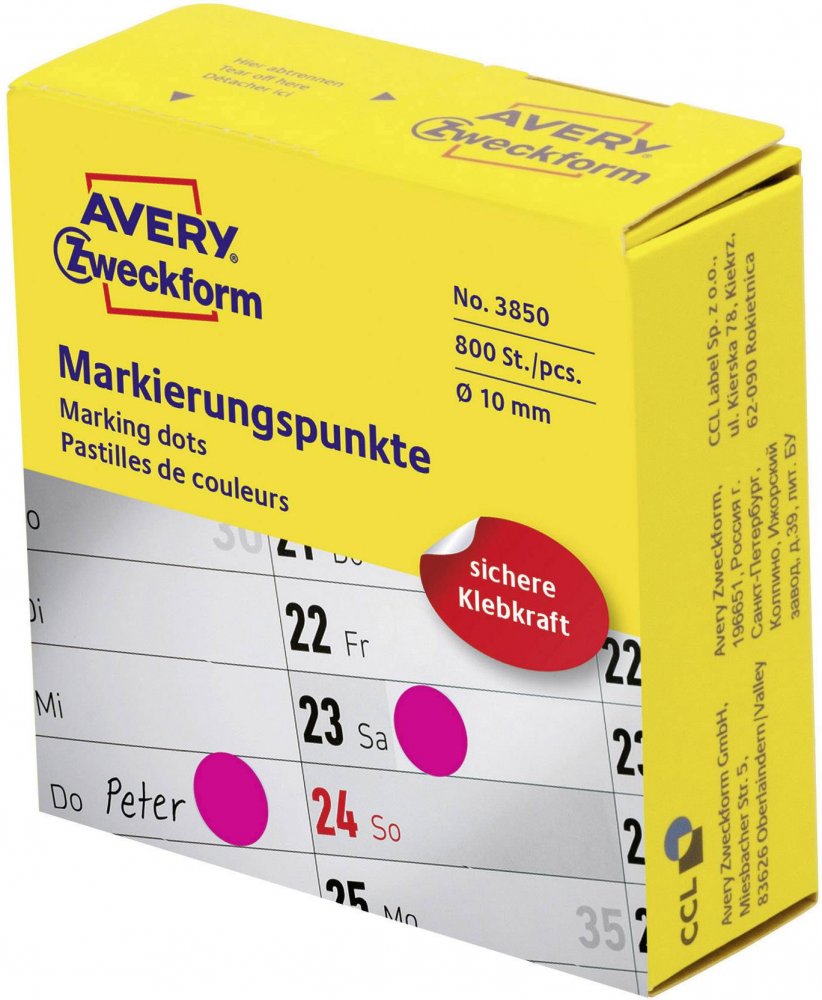 Etykiety oznaczeniowe Avery Zweckform, okrągłe, średnica 10mm, 800 sztuk, różowy