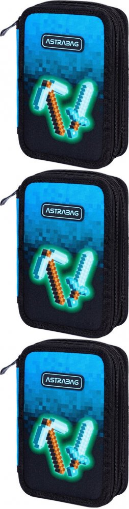 3x Piórnik szkolny Astra Astrabag Blue Pixel AC31, 3-komorowy, z wyposażeniem