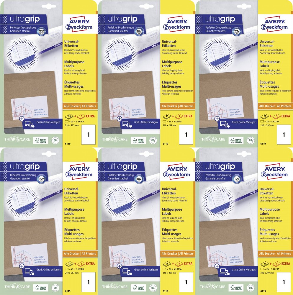 6x Etykiety samoprzylepne Avery Zweckform, 210x297mm, 25 arkuszy + 5 gratis, biały