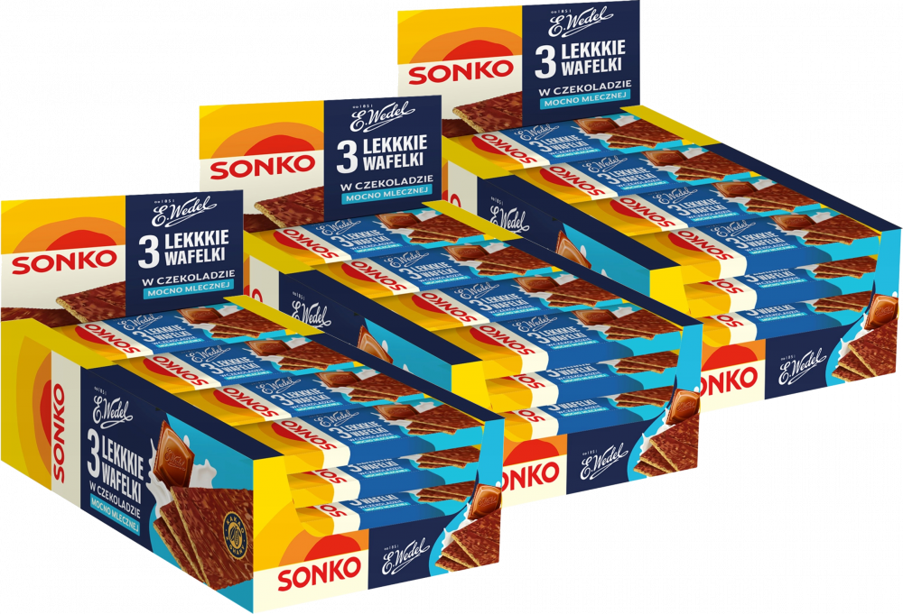 33x Lekkkie wafelki Sonko, w czekoladzie mocno mlecznej E.Wedel, 3 sztuki, 36g