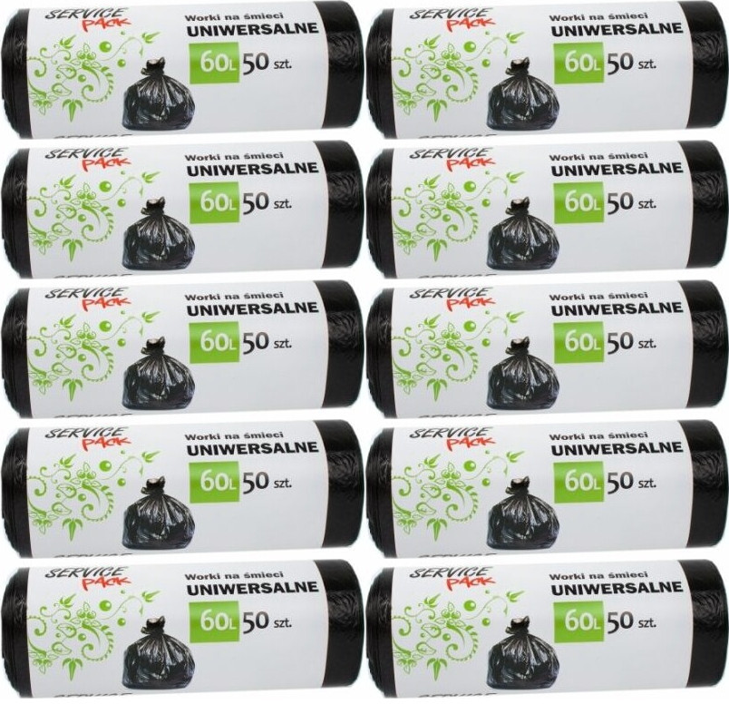 10x Worki na śmieci Service Pack, na odpady zmieszane, 60l, 50 sztuk, czarny