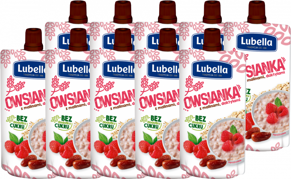10x Mus owsianka Lubella, maliny, daktyle, bez cukru, 100g