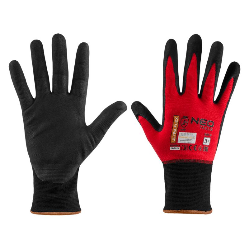 Rękawice robocze NEO TOOLS nylon oraz spandex z pokryciem polimerowo-nitrylowym rozm. 9 czarno-czerwone 1 para