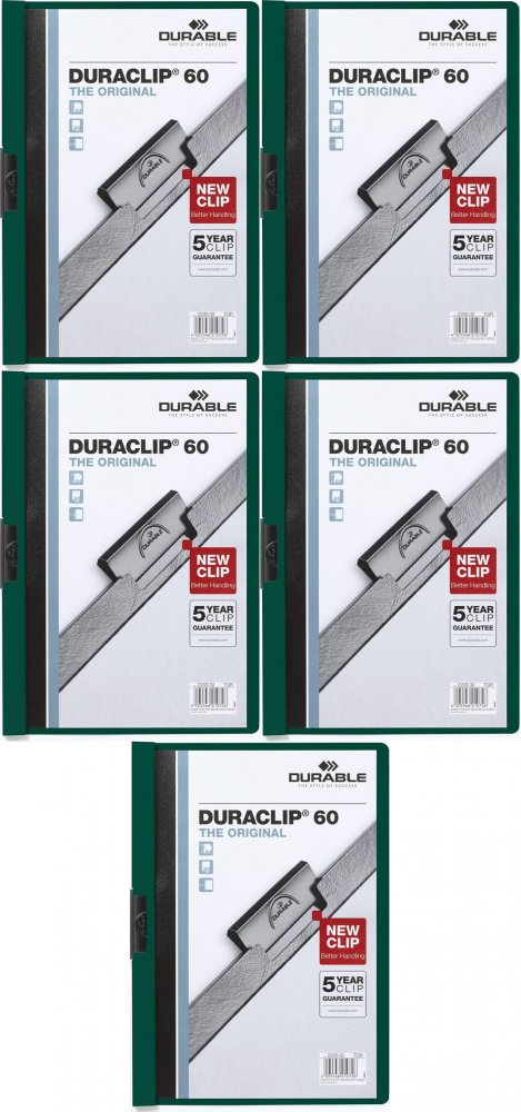 5x Skoroszyt plastikowy z klipsem Durable DuraClip, A4, do 60 kartek, zielony