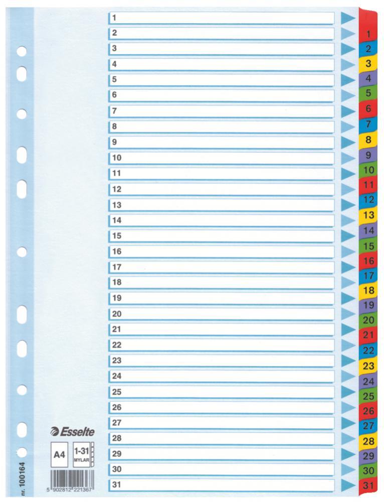 Przekładki do segregatora Esselte Mylar, kartonowe, numeryczne, A4,1-31 kart, mix kolorów