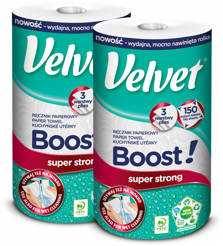 2x Ręcznik papierowy Velvet Boost, 3-warstwowy, w roli, 1 rolka, biały