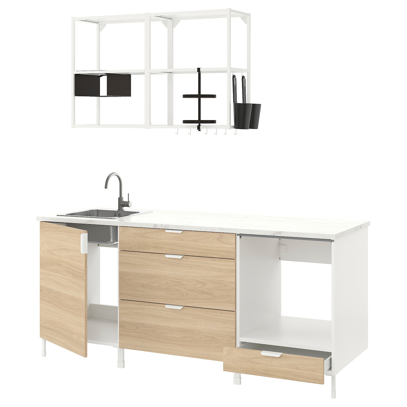 IKEA ENHET kuchnia, biały/imit. dębu, 203x63.5x222 cm