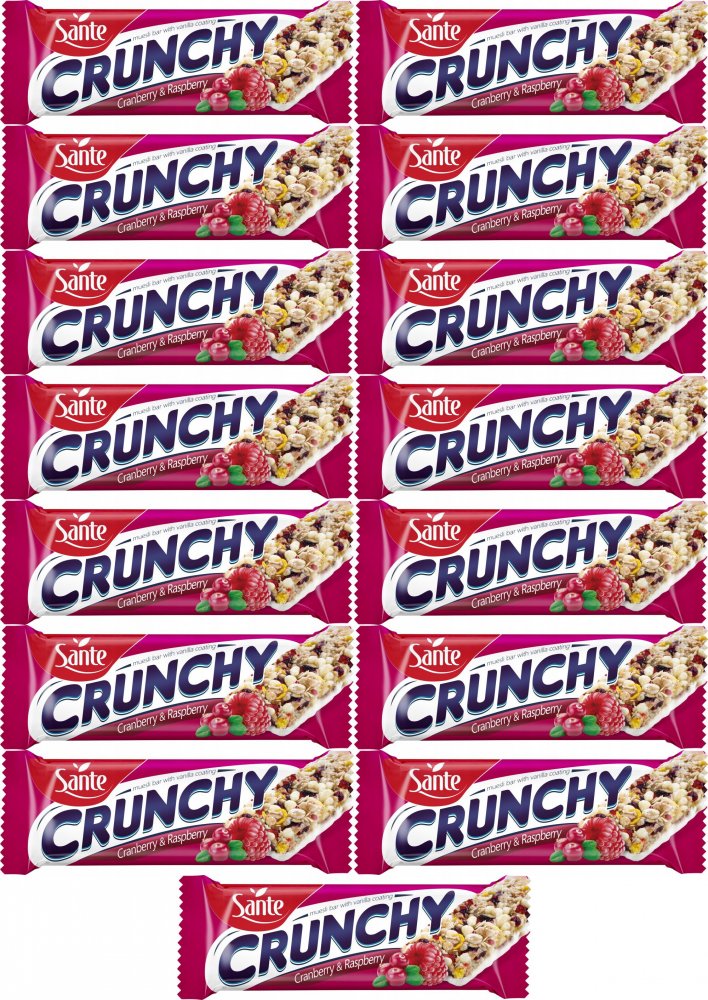15x Baton Crunchy Sante, żurawina i malina w polewie waniliowej, 40g