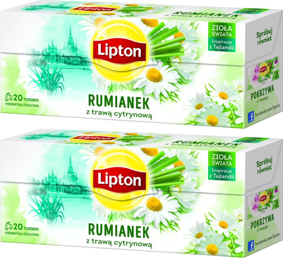 2x Herbata ziołowa w torebkach Lipton, rumianek z trawą cytrynową, 20 sztuk x 1.3g